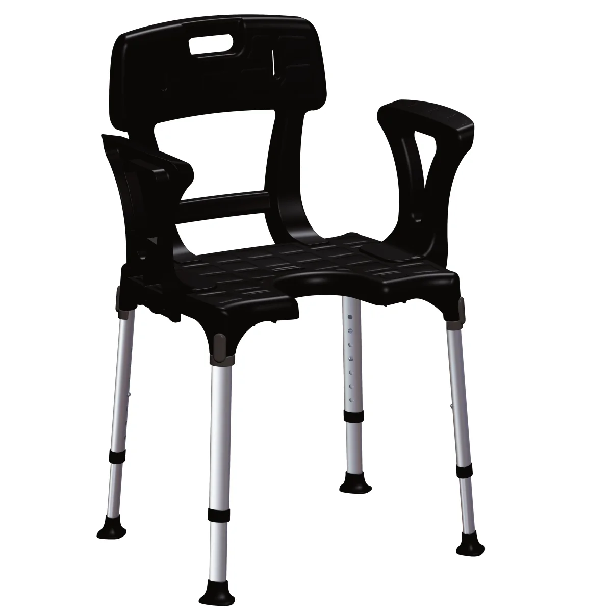 Sedia da doccia regolabile per disabili, rettangolare, colore nero con schienale e braccioli - immagine 2